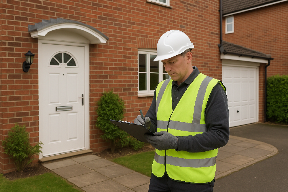 Photograph of an installer conducting a site survey outside a UK home.